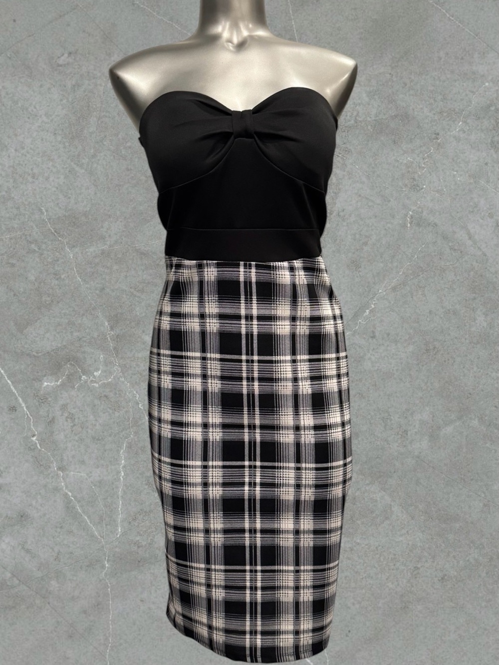 2 for $30 | Y2K Strapless Black & White Plaid Midi Dress